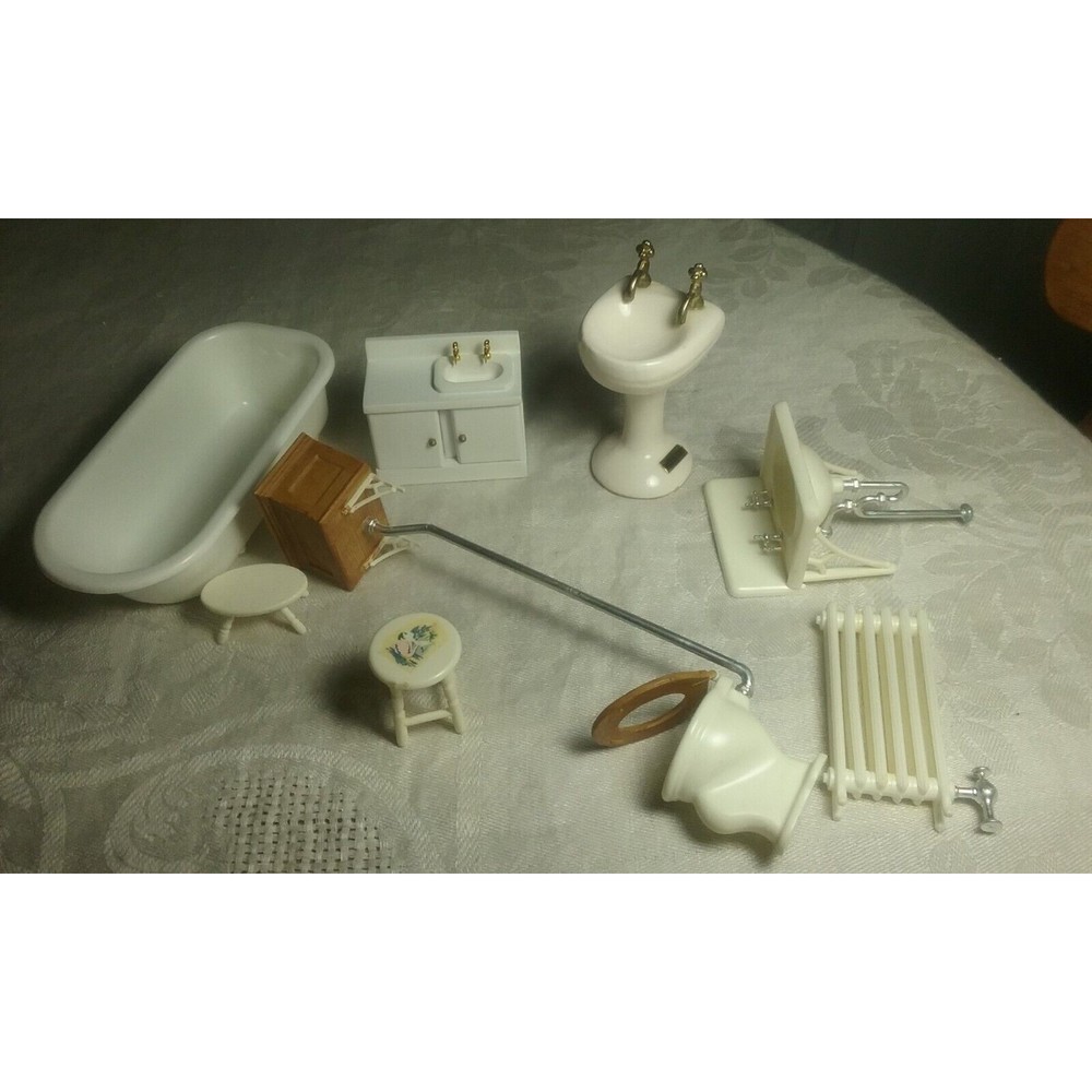 Vintage Dollhouse Bathroom White Furniture Accessories 9 Items
